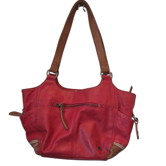 The Sak Red Leather Shoulder Bag Hobo Bag Purse with Brown Trim Accents - Picture 1 of 16